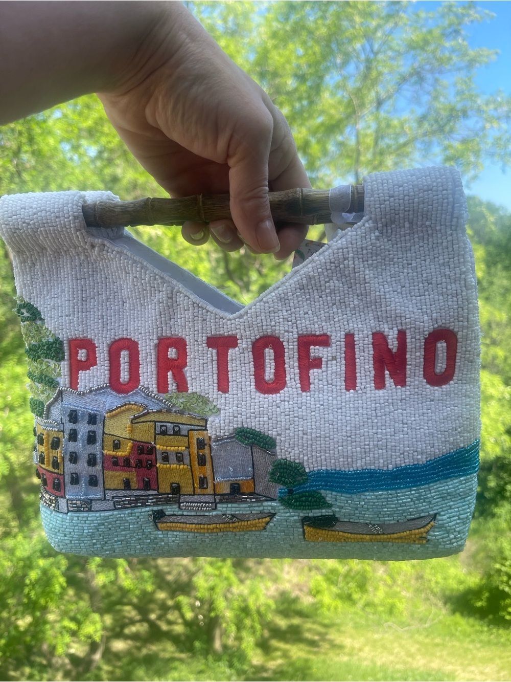 Viral Beaded Bag - Portofino Italy Inspired Handmade Beaded Bamboo Handle Clutch